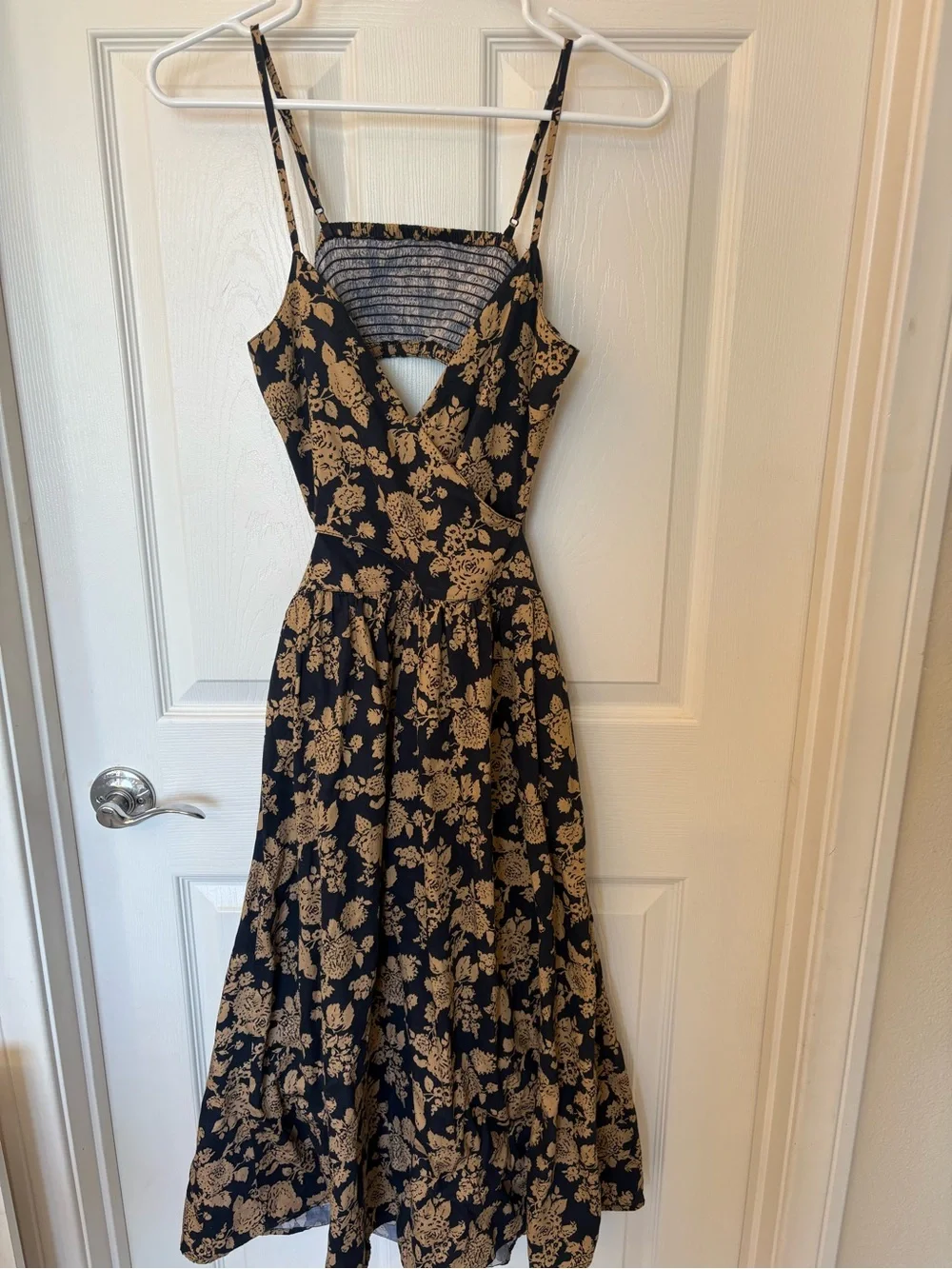 Black and Tan Floral Midi Dress with Spaghetti Straps - Picture 1 of 3